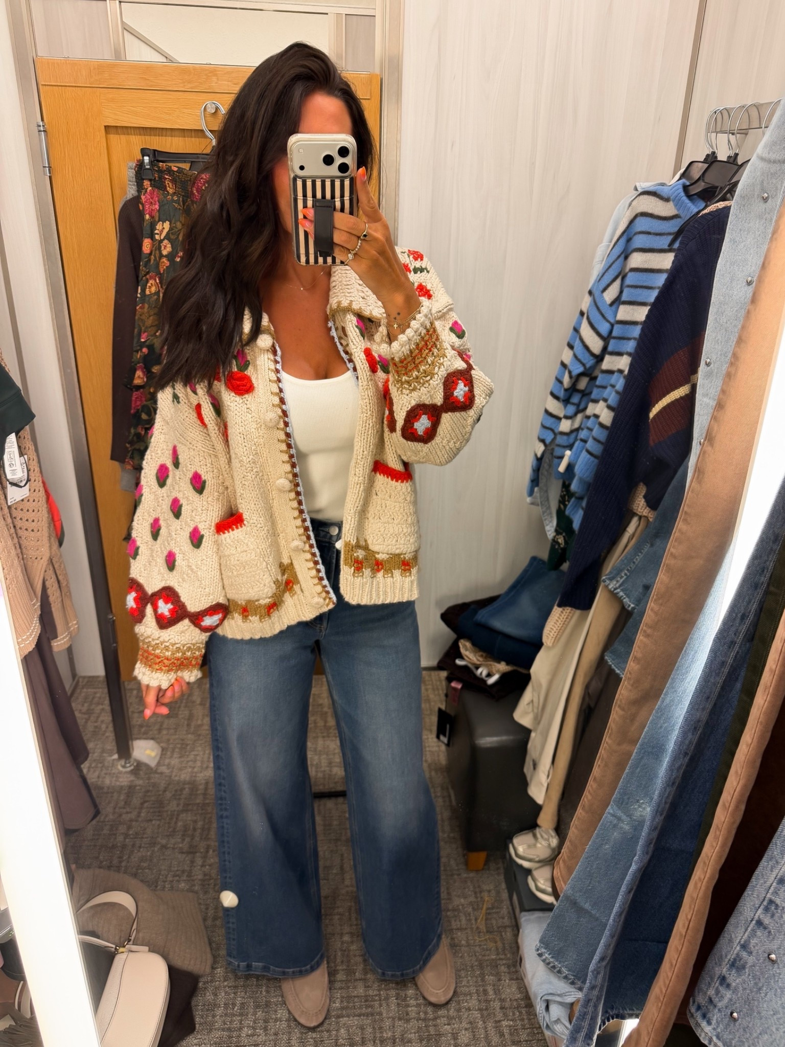 Free People cardigan size small 
Jeans true to size 
Flats true to size

#LTKootd