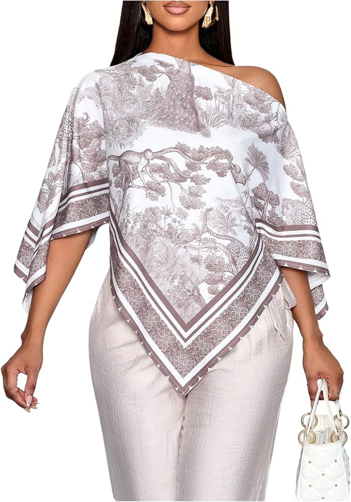 SHENHE Women's Elegant Graphic Off The Shoulder Blouses Asymmetrical Dressy Flowy Poncho Top | Amazon (US)