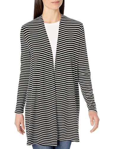 Amazon Essentials Women's Long-Sleeve Open-Front Cardigan, Black White Horizontal Stripe, Large | Amazon (US)