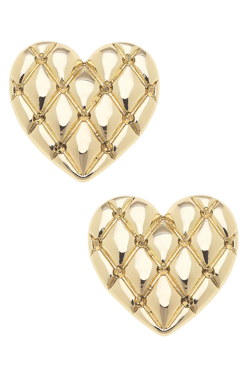 Coco Quilted Heart Stud Earrings in Shiny Gold | CANVAS