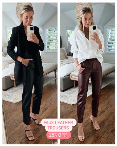 Faux leather trousers 25% off at checkout // wearing size 2 // white button down is 15% off with code REVOLVEHOLIDAYS15 // wearing size XS, runs oversized 

#LTKstyletip #LTKunder100 #LTKsalealert