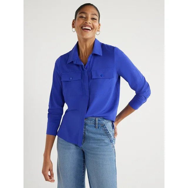 Scoop Women's Ultimate Button Down Blouse with Two Pockets, Sizes XS-XXL | Walmart (US)