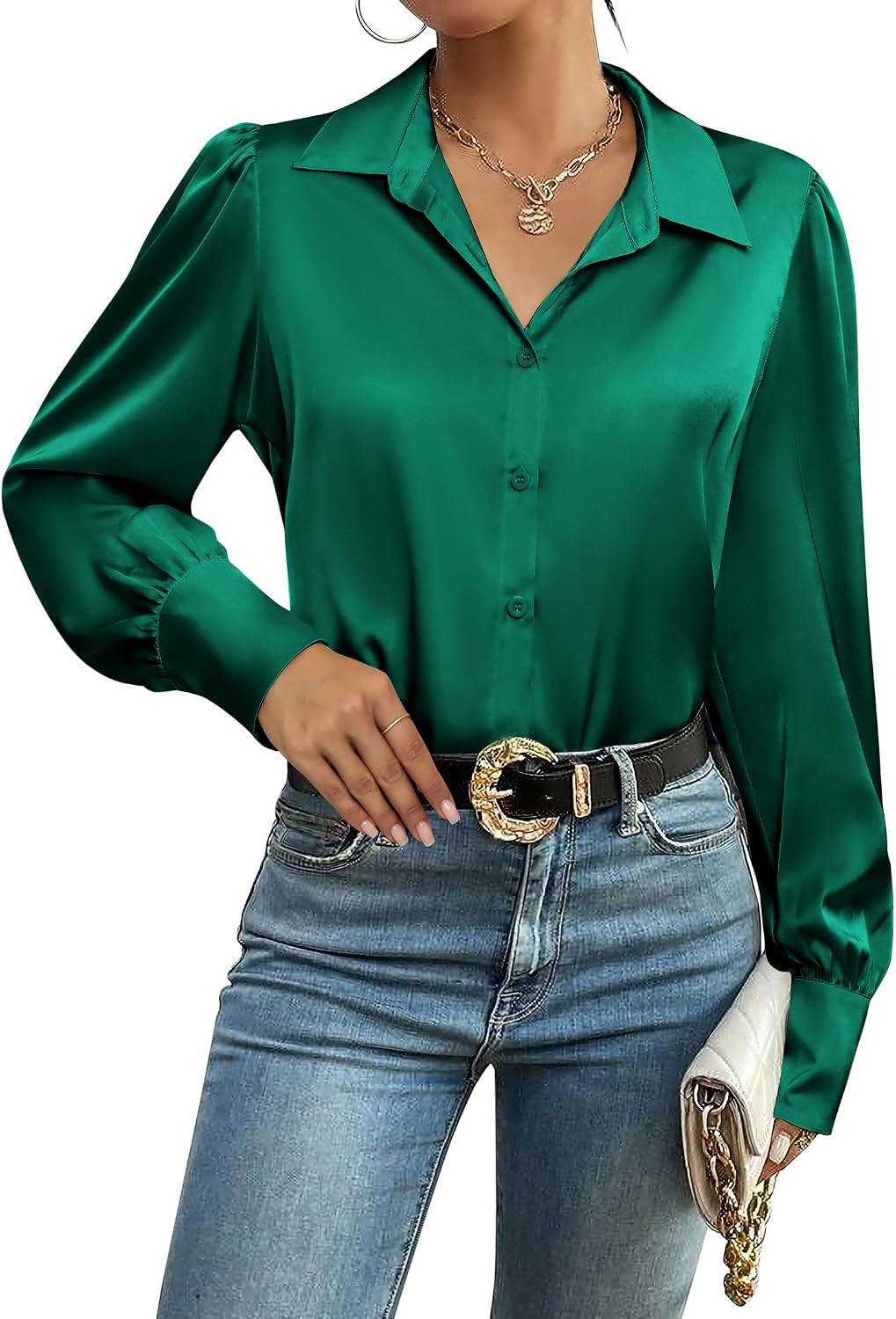 Zeagoo Womens Satin Blouse Lantern Long Sleeve Silk Button Down Shirt Dressy Casual Business Work Tunic Tops | Amazon (US)