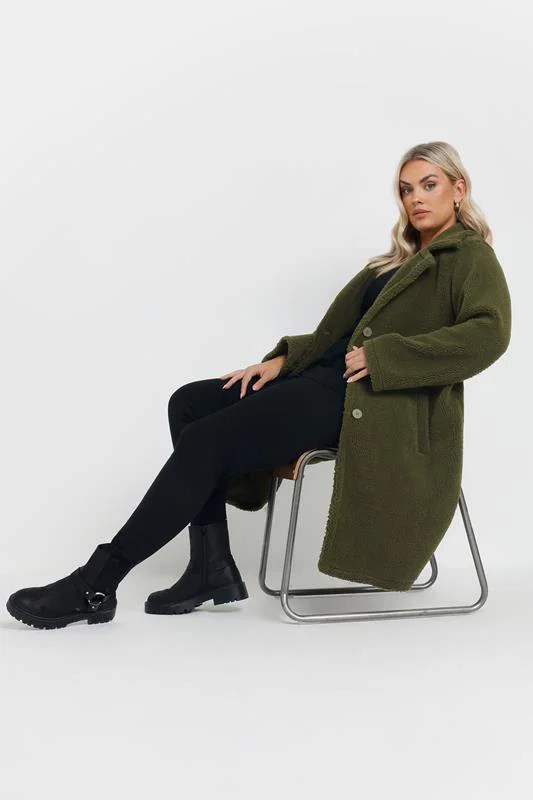 YOURS Plus Size Khaki Green Faux Fur Teddy Coat | Yours Clothing UK
