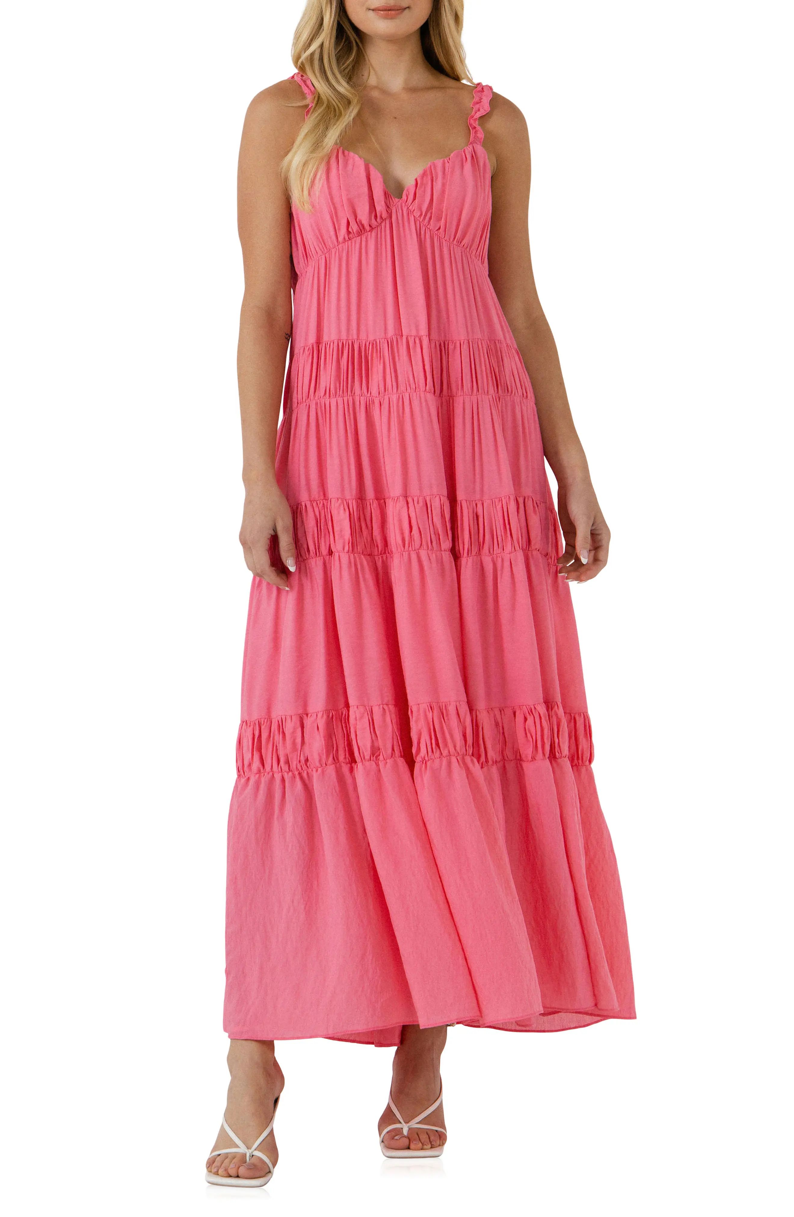 Free the Roses Sweetheart Neck Tiered Maxi Dress in Pink at Nordstrom, Size Large | Nordstrom