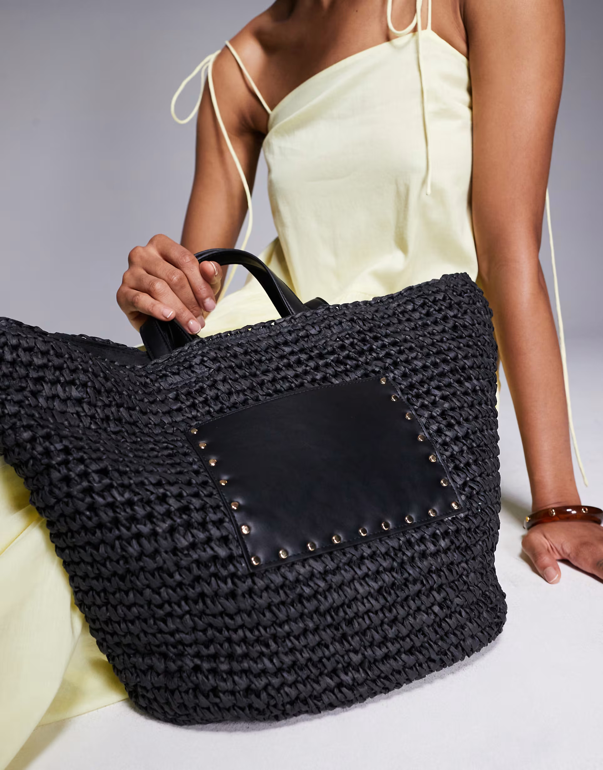 South Beach straw shoulder tote bag with PU panel in black  | ASOS | ASOS (Global)