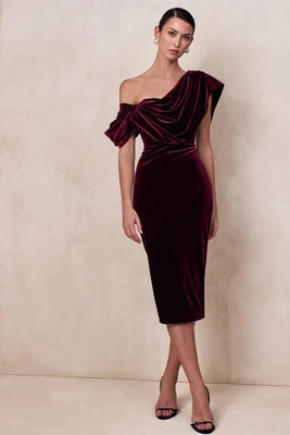 High End | Burgundy Velvet Asymmetric-Neck Midi Dress With Draped Detailing | Club L London
