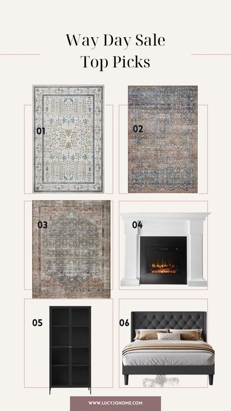Way Day Sale Picks. I have all these rugs in my home or in a clients home. Check out all the great deals on Wayfair. I have a similar electric fireplace and upholstered bed in my home as well. I love the modern, sleek look of the cabinet. 

#LTKhome #LTKsalealert