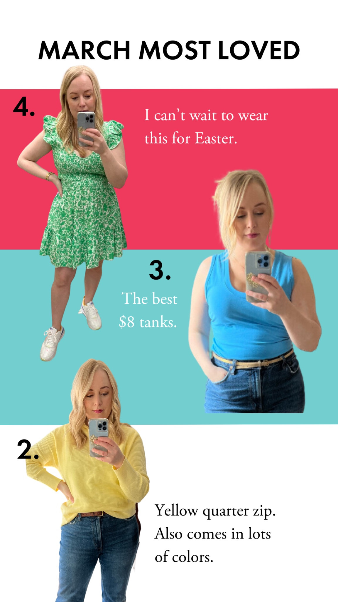 March Favorites
Green Dress 
$8 Tank
3/4 Zip Sweater 
#hocspring 