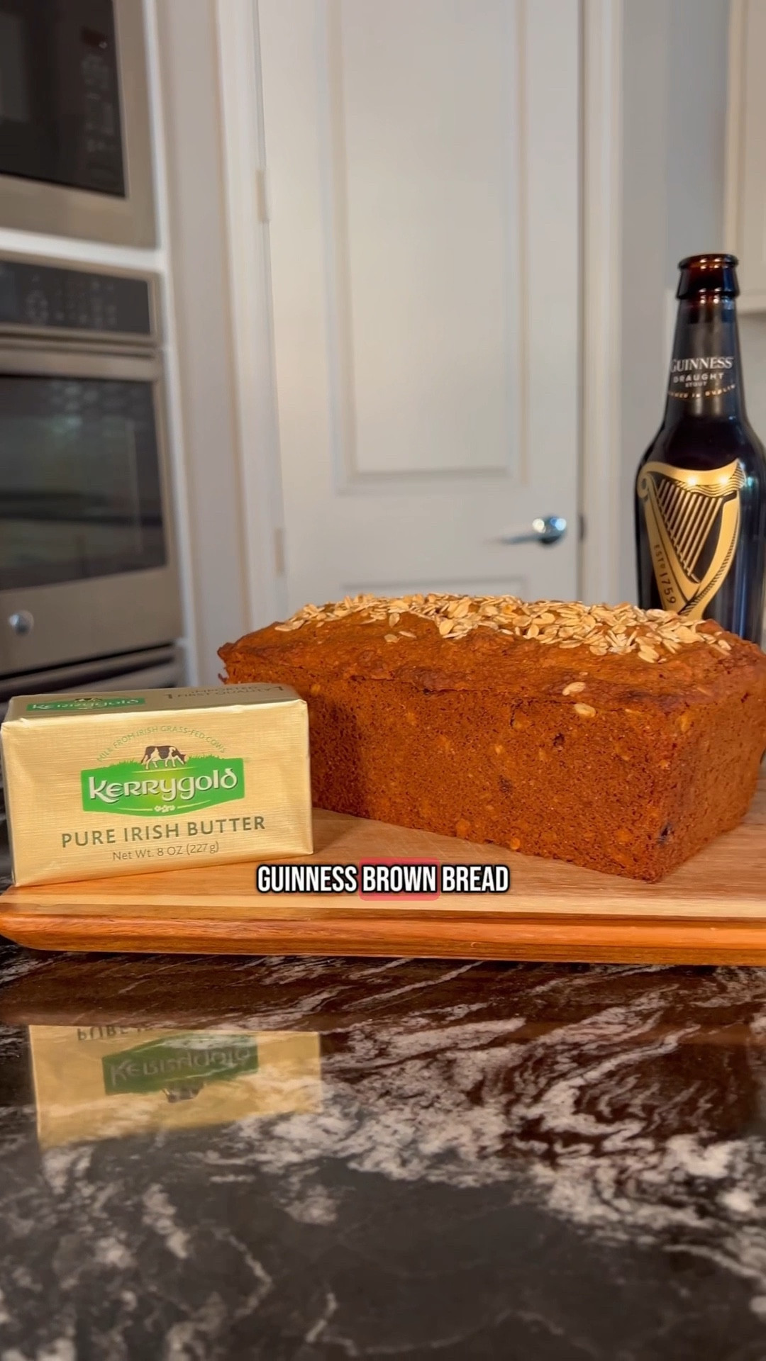 The best Irish Guinness bread! 🍀 

INGREDIENTS:
1 cup oats (not instant)
2.25 cups whole wheat flour
0.25 cup all-purpose flour
0.25 dark brown sugar
1 tsp baking powder
2 tsp salt
1 bottle of Guinness
1 cup buttermilk
5 tbsp melted unsalted butter
1 tsp vanilla extract

INSTRUCTIONS:
Preheat over to 450F
Mix dry ingredients
Mix wet ingredients
Pour wet ingredients into dry bowl
Mix with hands
Place in a 9 x 5 buttered loaf pan
Place pan in over and immediately drop oven temp to 400F
Bake for 45 minutes or until toothpick comes out clean
Turn bread out onto baking rack and let cool
Serve with Irish salted butter

Recipe inspired by Ina Garten

#stpatricksday2025 #breadtok #guinness #baking #irishfood @KerrygoldUSA