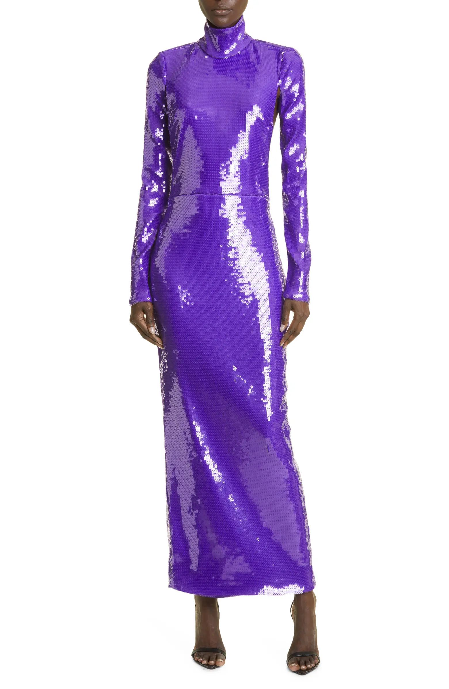 Sequin Mock Neck Long Sleeve Cutout Column Gown | Nordstrom