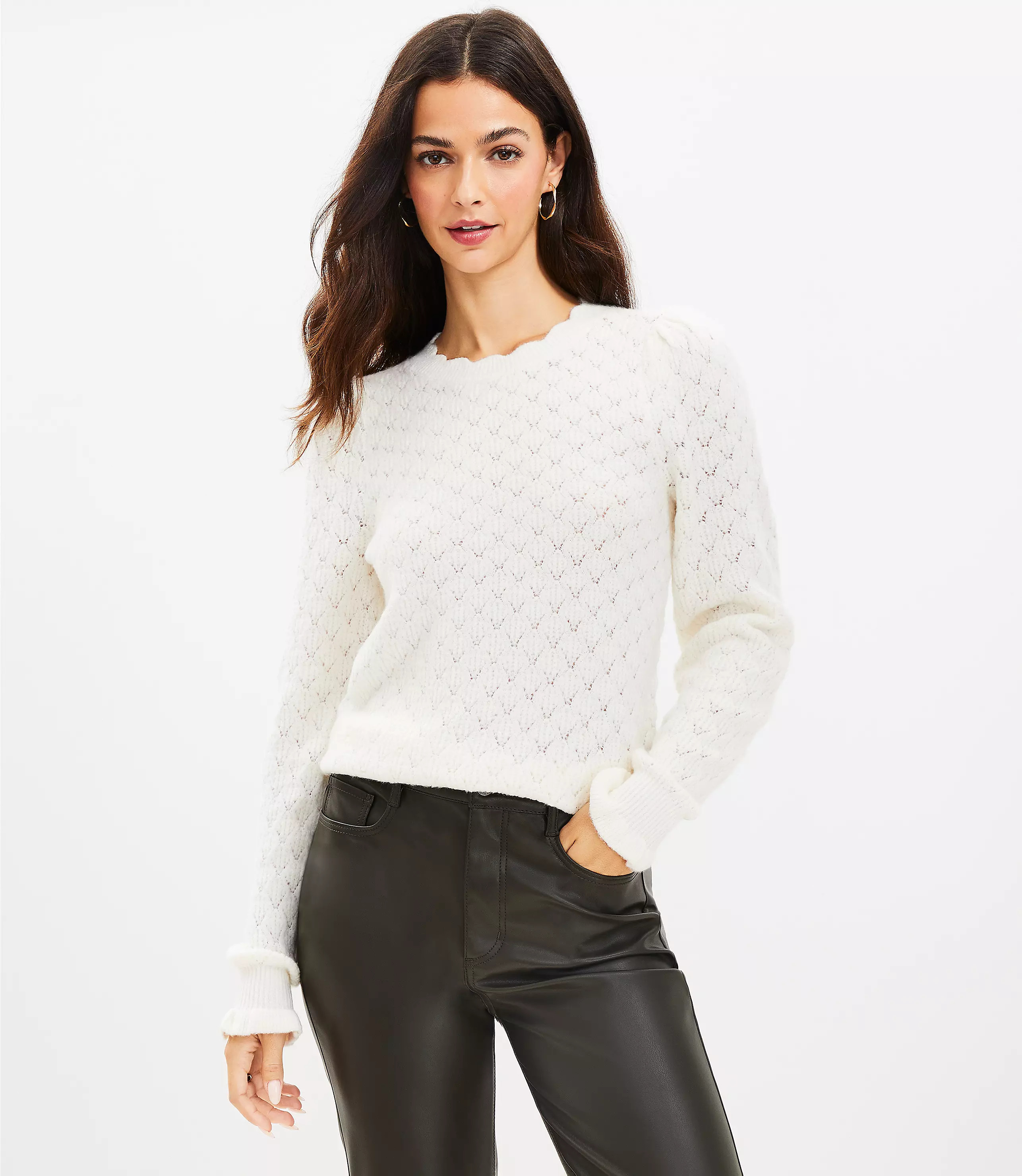 Scalloped Neck Pointelle Sweater | LOFT