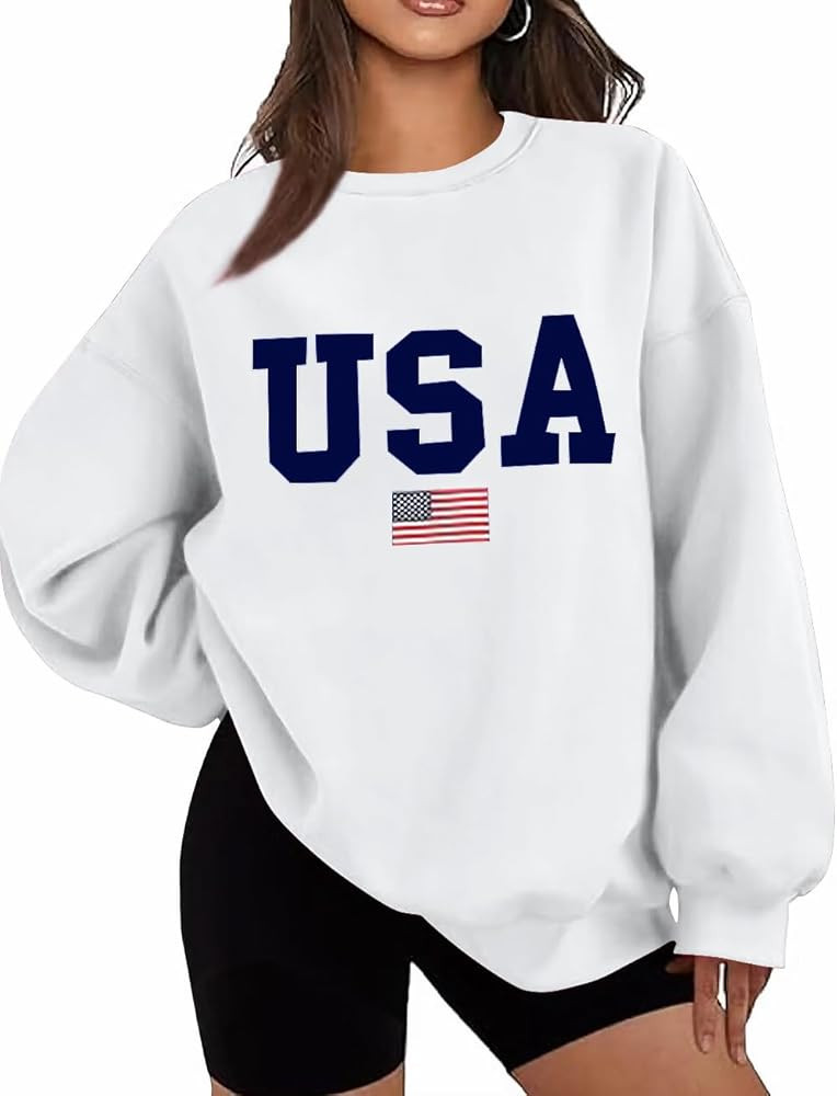 Lacozy Womens USA Graphic Sweatshirts American flag Crewneck Long Sleeve Sweater Loose Fleece Top... | Amazon (US)
