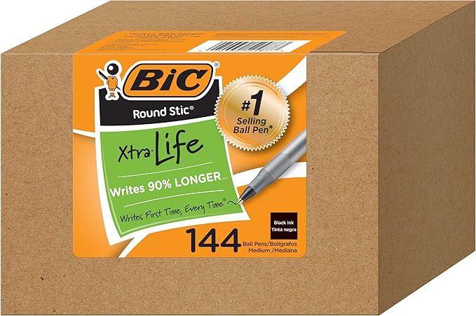 BIC Round Stic Xtra Life Ballpoint Ink Pens, Medium Point (1.0mm), Black Pens, Flexible Round Bar... | Amazon (US)