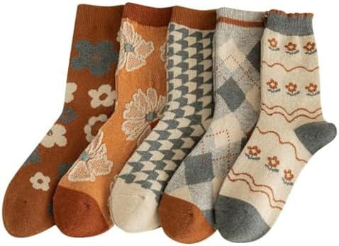 5/10 Pairs Wool Socks for Women Thick Knit Vintage Cute Floral Crew Socks | Amazon (US)