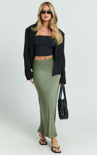 Amari Maxi Skirt - High Waisted Bias Cut Skirt in Olive | Showpo (US, UK & Europe)