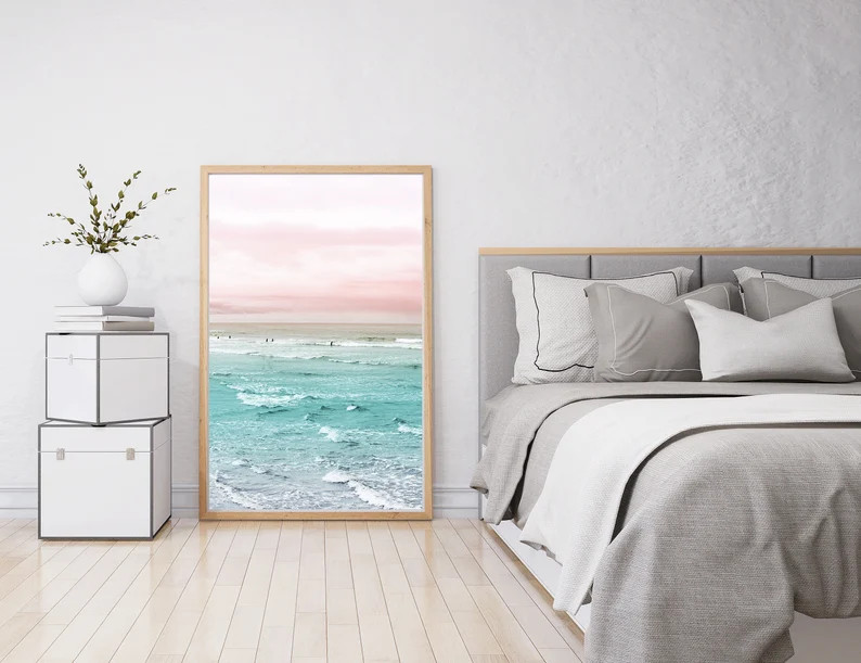 Ocean Poster, Pink Sunset Print, Surfers Wall Art, Pink Sky Art Print, Sea Waves Art, Pink Teal C... | Etsy (US)