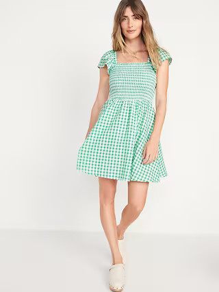 Flutter-Sleeve Fit & Flare Smocked Seersucker Mini Dress for Women | Old Navy (US)