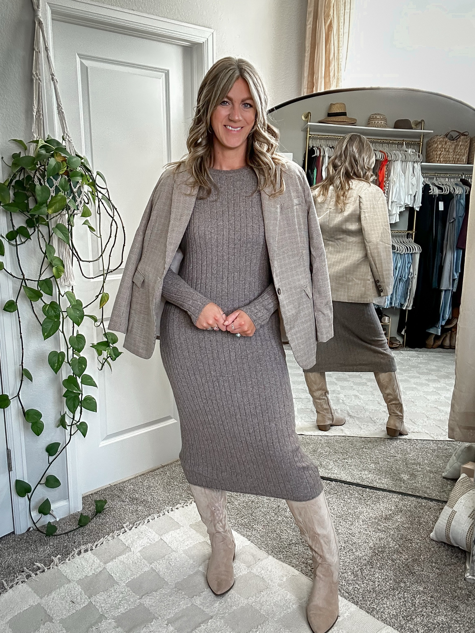 Thanksgiving day out or wear to work 

Sweater dress - medium regular length
Blazer - large
Boots - linked similar 

#LTKMidsize #LTKWorkwear #LTKHoliday