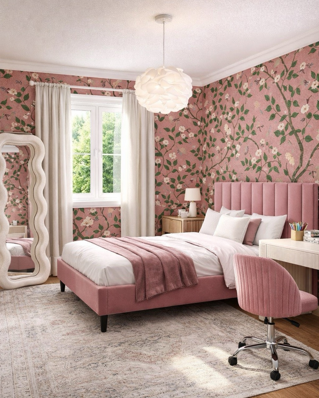Teen bedroom design. I love the floral wallpaper and the affordable blush pink bed from Wayfair! Full length mirror and vintage rug. White scalloped desk and pink disk chair. A girl can dream for a room like this! #homedecor