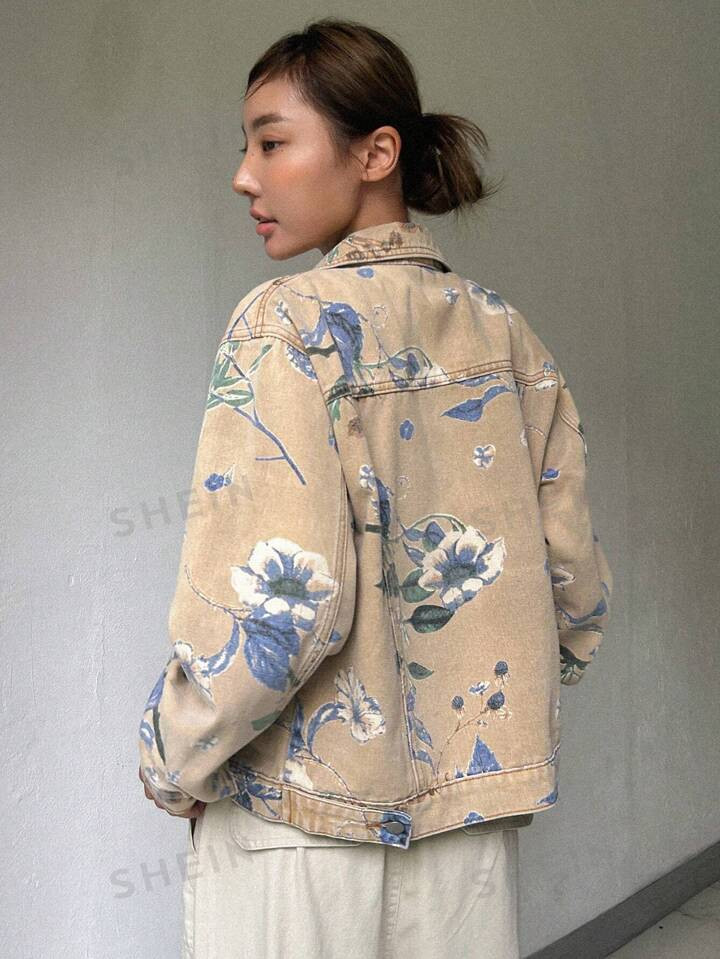 DAZY Floral Print Drop Shoulder Denim Jacket | SHEIN