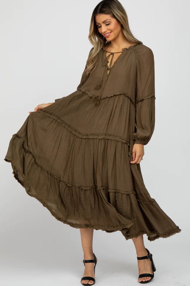Dark Taupe Ruffle Accent Tiered Midi Dress | PinkBlush Maternity