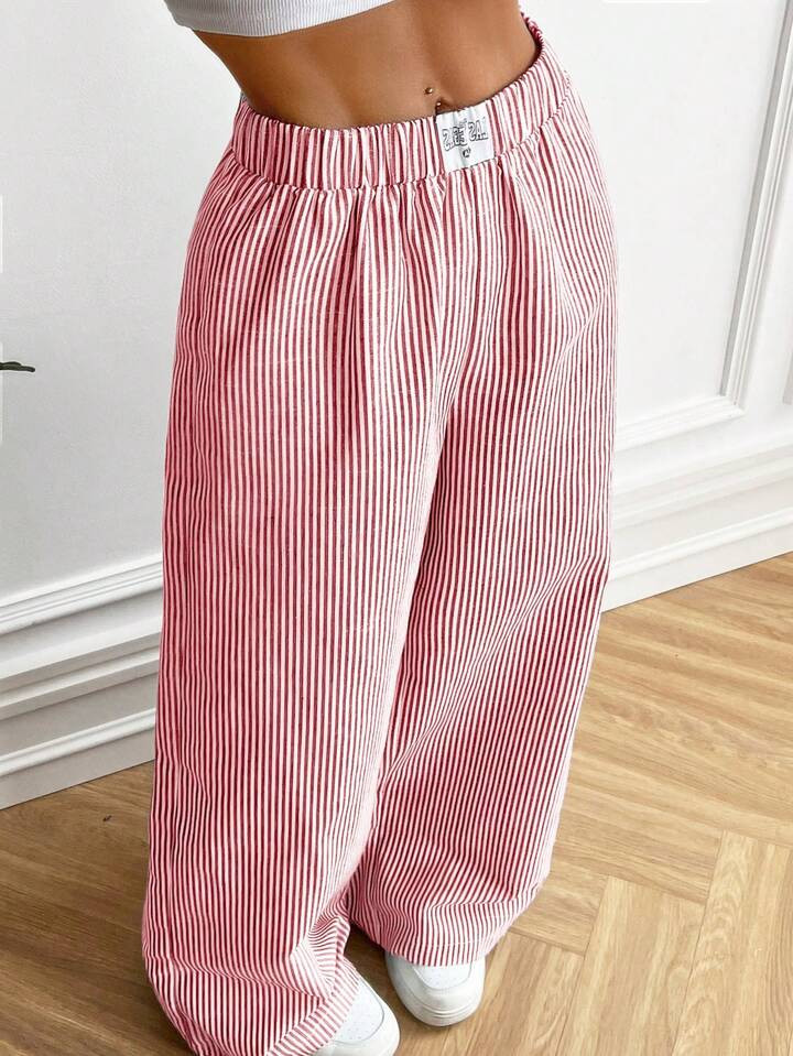 SHEIN EZwear Women's Casual Red Striped Woven Wide-Leg Pants | SHEIN