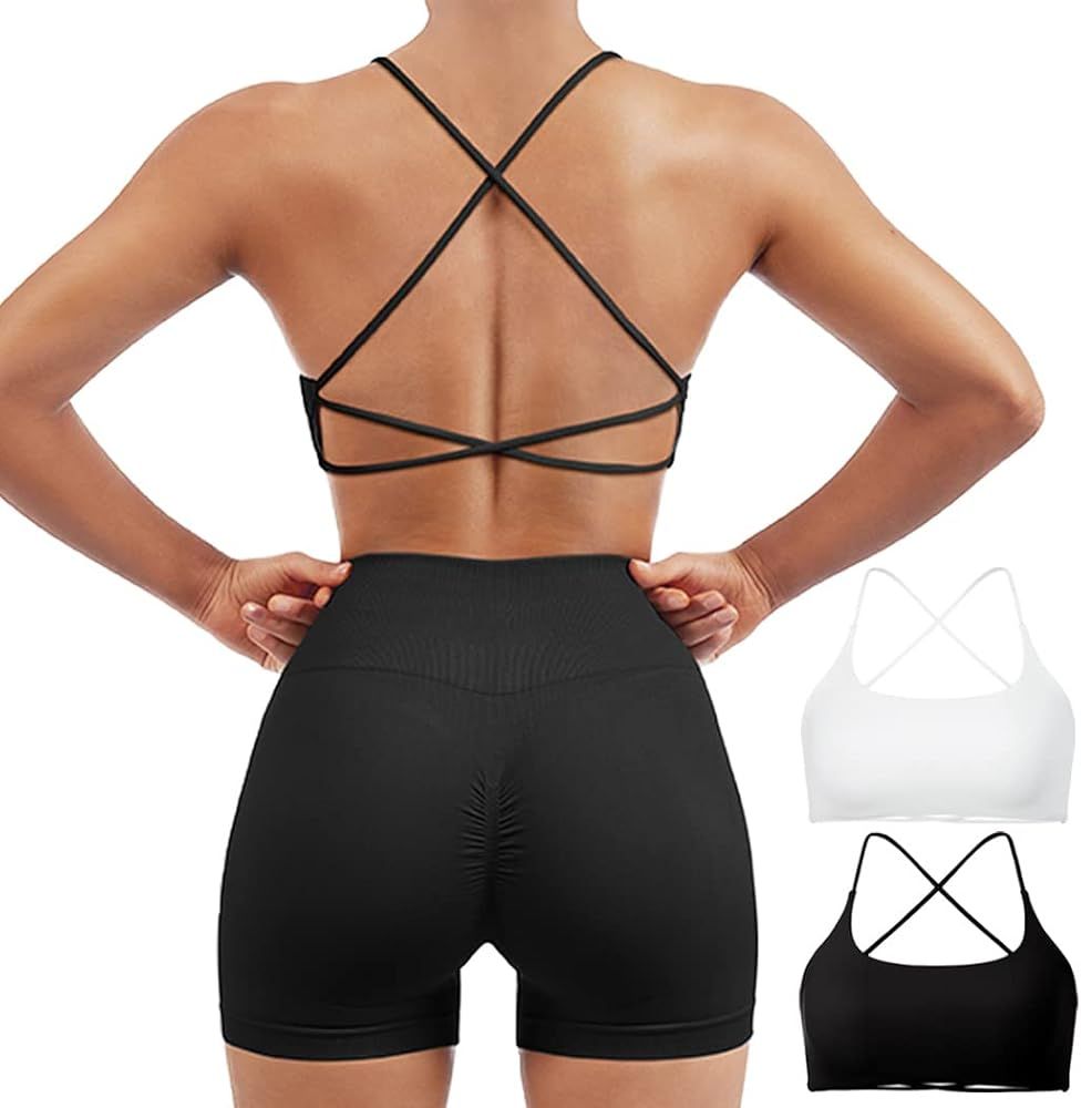 SUUKSESS Women 2 Piece Open Back Sports Bra Pack Strappy Workout Gym Yoga Crops | Amazon (US)