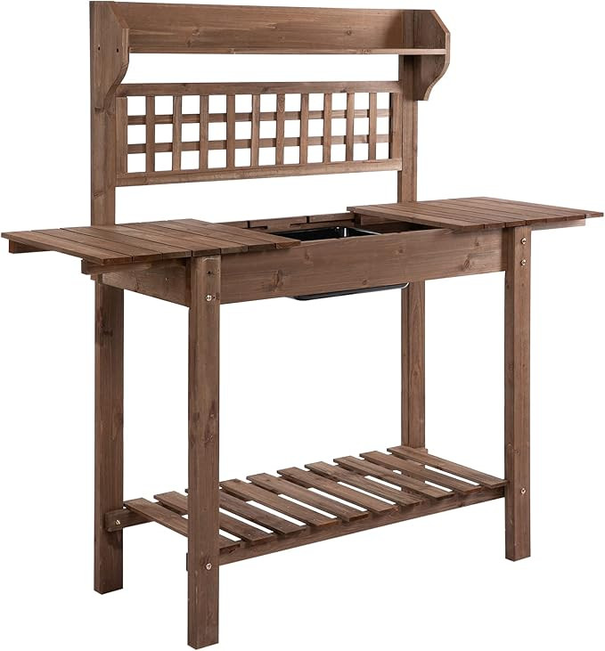 Outsunny Outdoor Potting Bench Table, Wooden Workstation with Sliding Tabletop, Storage Shelf and... | Amazon (US)