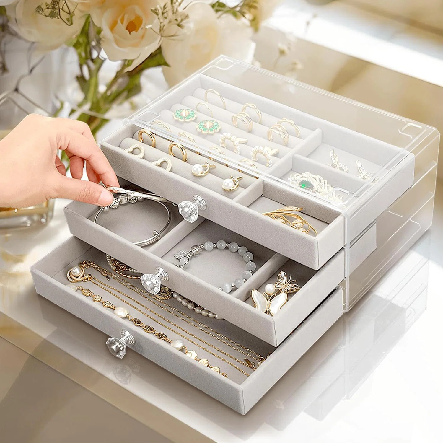 Ebern Designs 3 Drawer Jewelry Holder Box Organizer, Jewelry Boxes & Organizers with Earring Orga... | Wayfair North America