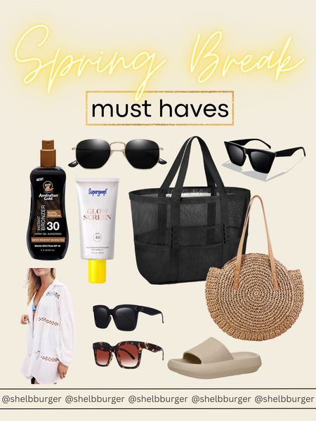 Spring Break Must Haves - sunscreen, tanning lotion, beach bags, cover up, sunglasses, and pool shoes  

#LTKsalealert #LTKtravel #LTKswim
