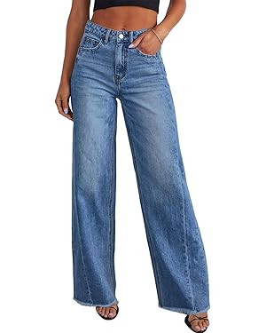 Sidefeel Women's Wide Leg Jeans High Waisted Stretchy Raw Hem Zimbaplatinum Denim Pants | Amazon (US)