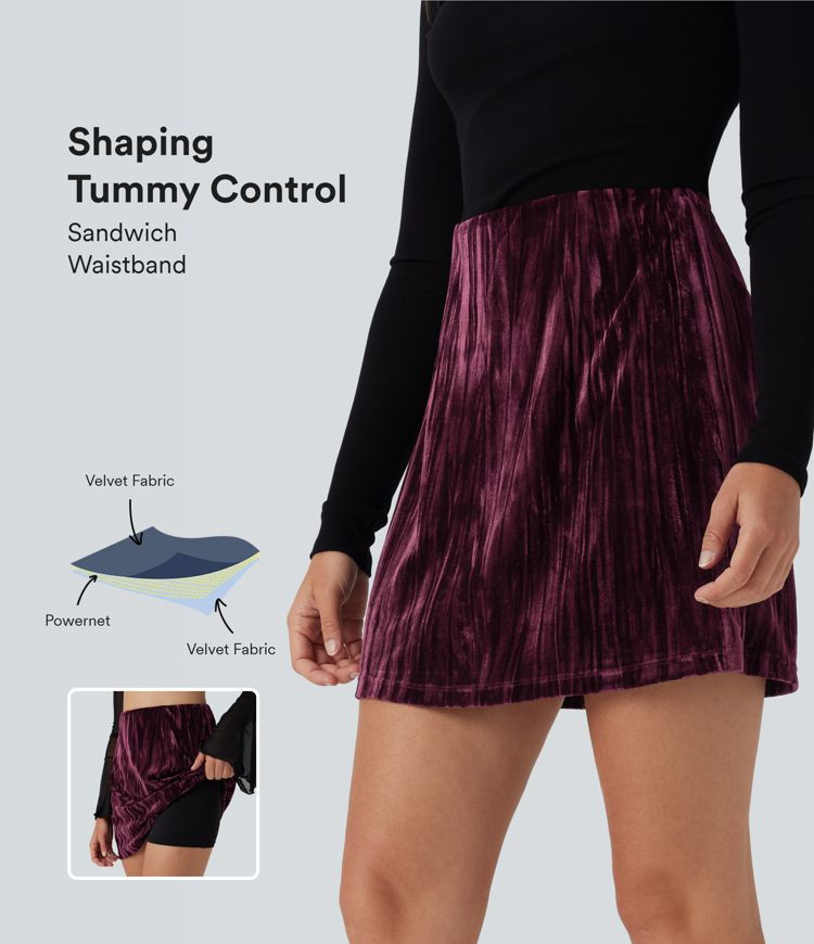 SoCinched High Waisted Tummy Control 2-in-1 A Line Velvet Mini Casual Skirt | HALARA
