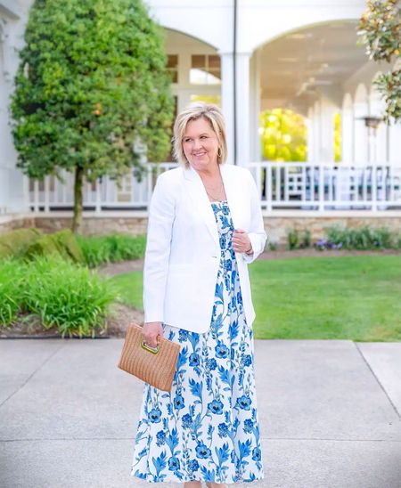 Outfit Inspo | Blue and White Dress | Woven Clutch | White Blazer | Mother’s Day Outfit 

#LTKwedding #LTKworkwear #LTKstyletip