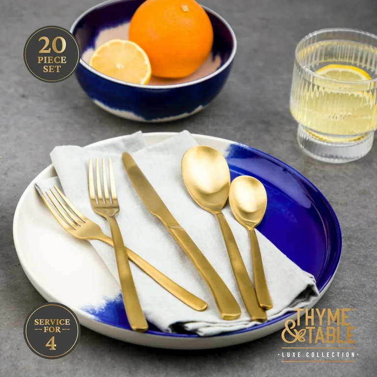Thyme & Table 20-Piece Royal Stainless Steel Flatware Set, Gold - Walmart.com | Walmart (US)