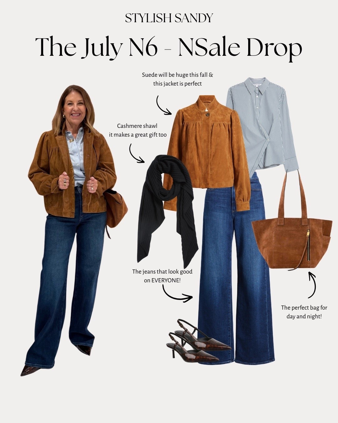 The July N6 - NSale Drop

Treasure & Bond suede jacket if it's tts. I'm wearing size XS. 

The Paige Anessa jeans fit tts. I'm wearing size 26. If between sizes and want a trimmer fit, take your smaller size. 
The Nordstrom button-up
It's so cute. It fits tts, I'm wearing a size Xs. 

The slingbacks are comfortable and fit tts.  (tmi- I have a bunion, so I'm going up a half size). 

Love the shawl, and it's perfect for the fall, a gift, and to wear traveling.

#LTKOver40 #LTKSeasonal #LTKSaleAlert