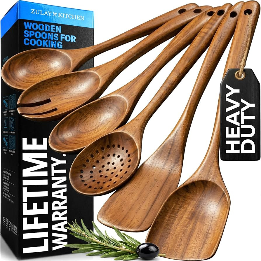 Zulay Kitchen 6 Piece Wooden Spoons for Cooking – Natural Teak Wooden Utensil Set, Easy to Clea... | Amazon (US)
