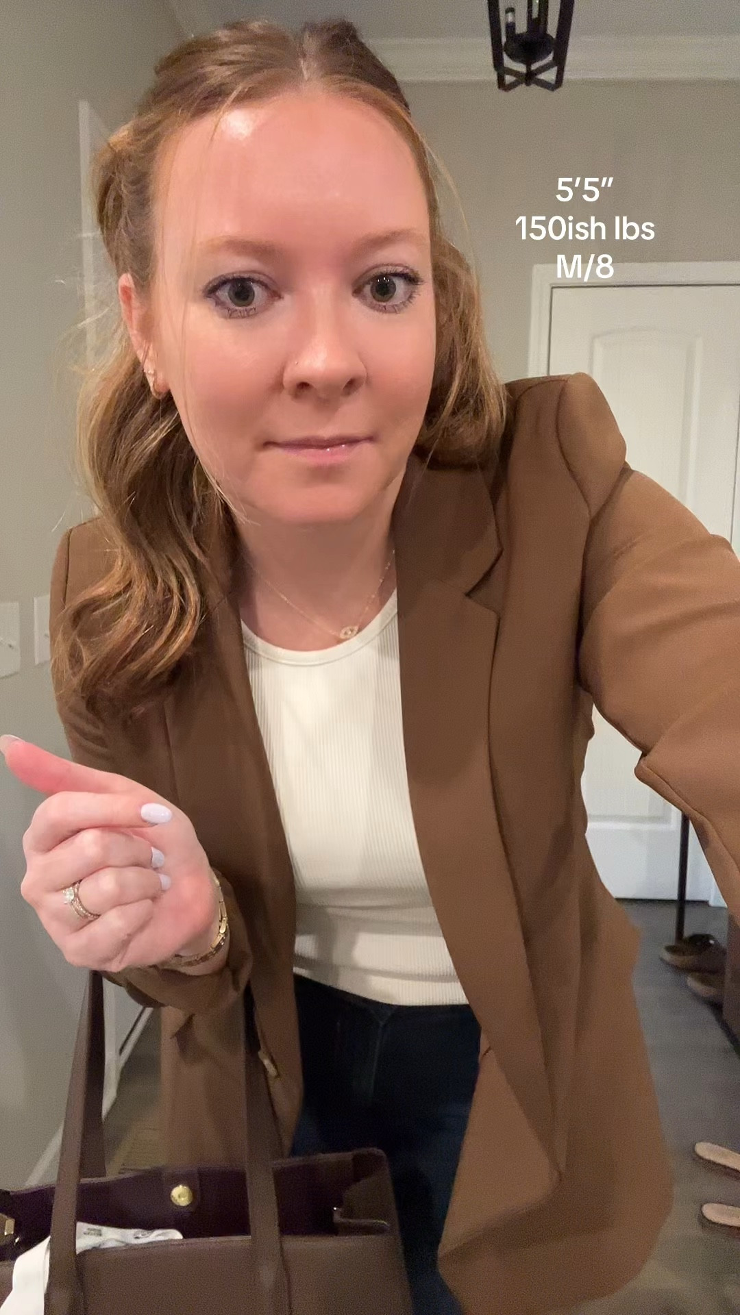 White ribbed high neck tank / tts wearing a medium 
Brown blazer - tts wearing a medium
Ankle jeans - tts wearing a 28
White sneakers - tts 
Gold watch 
Evil eye necklace 
Evil eye bracelet 

#LTKFindsUnder100 #LTKWorkwear #LTKShoeCrush