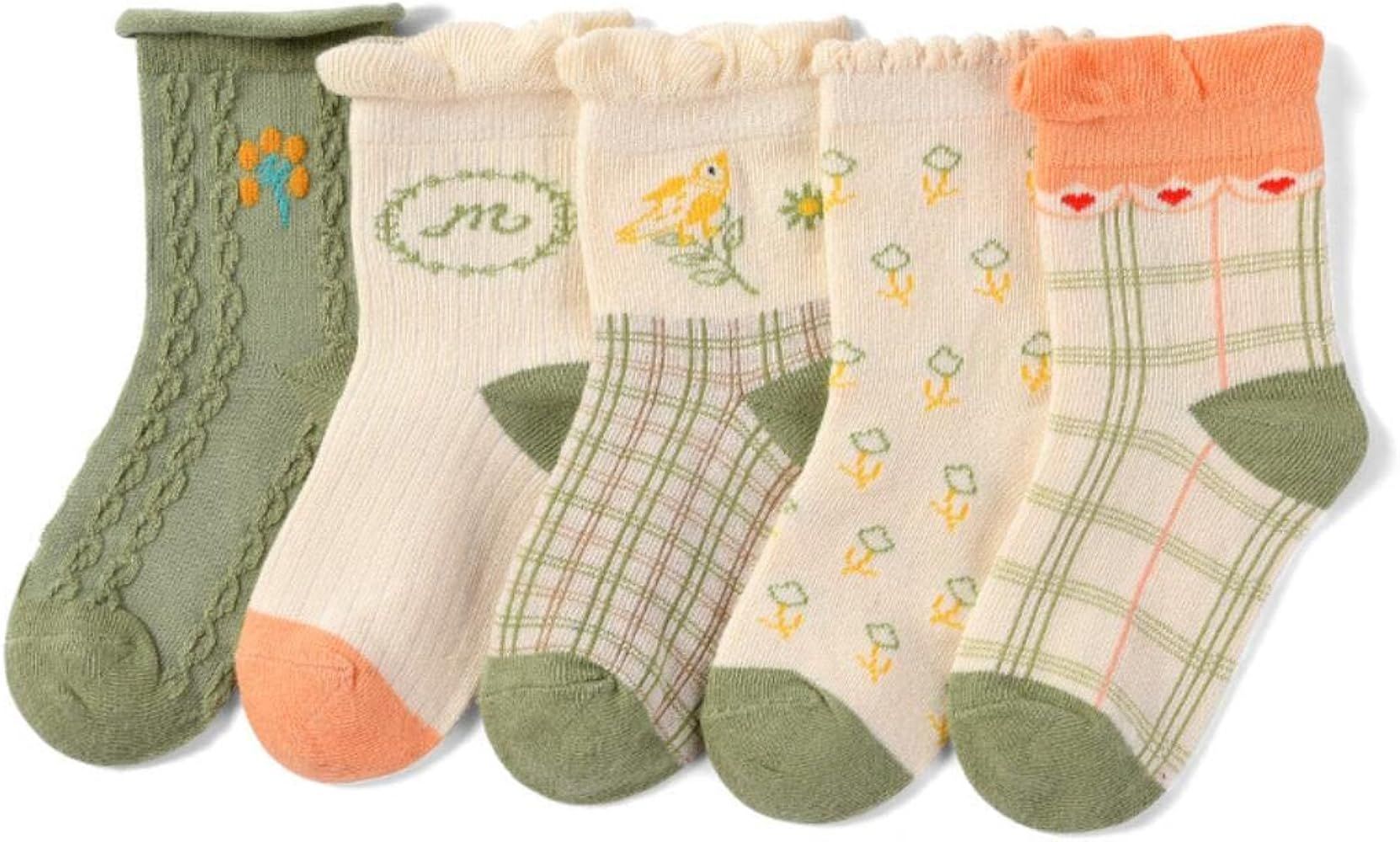 5 Pairs Ruffle Frilly Crew Socks Little Girls Princess Cotton Socks for 1-3 Year Toddler Girls | Amazon (US)