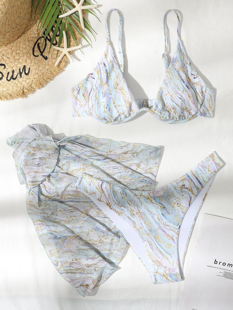 3pack Marble Print Underwire Bikini Swimsuit & Beach Skirt | SHEIN