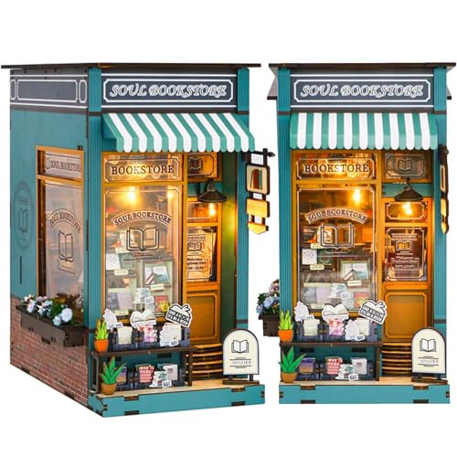 MinoLuxy Book Nook Kit 3D Wooden Puzzle DIY Miniature House with LED Light Booknook Bookshelf Insert Decor Booknook Dollhouse Crafts Hobbies Gifts for Adults (Soul Bookstore) | Amazon (US)