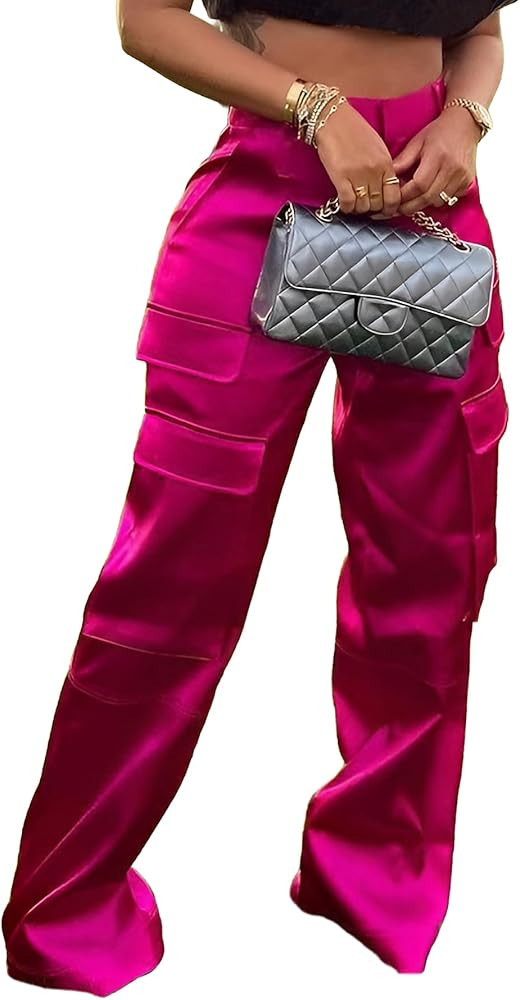 Satin Cargo Pants for Women High Waisted Wide Leg Silky Dressy Club Outfits with Pockets Casual S... | Amazon (US)