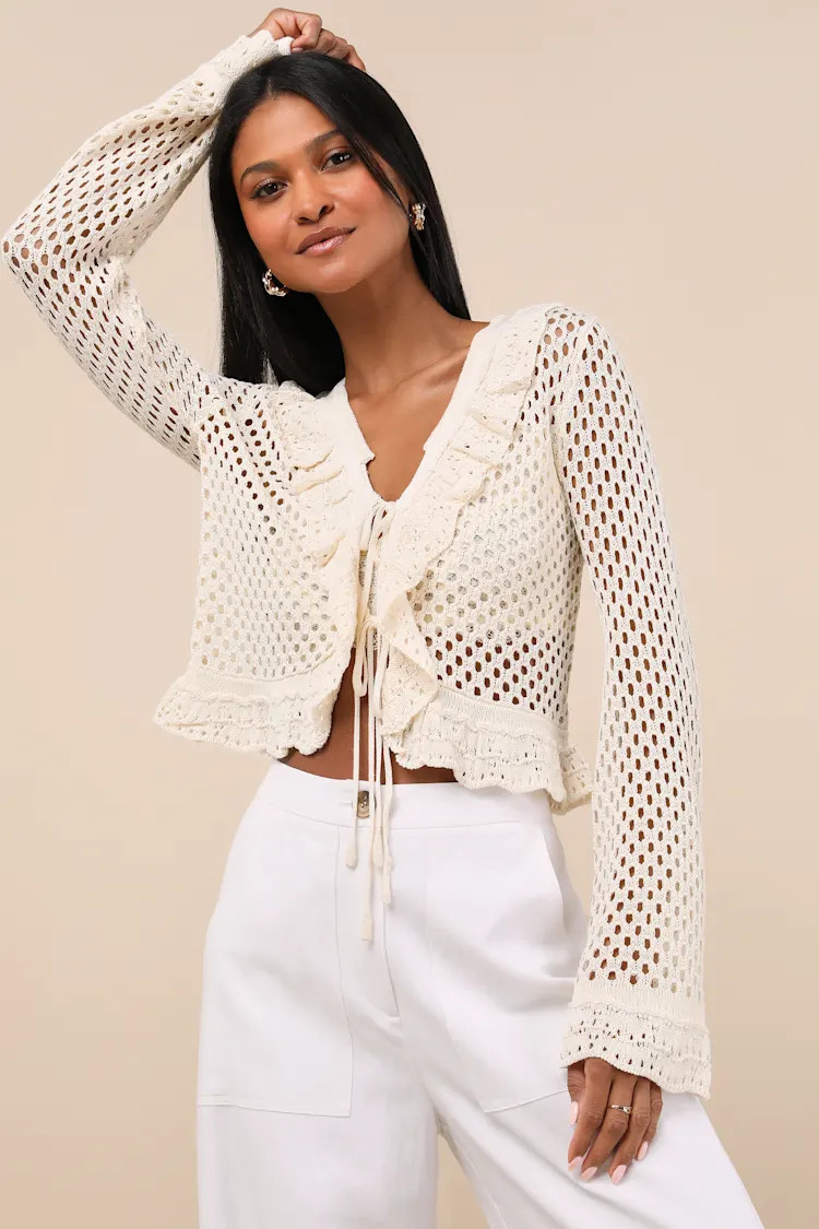 Izara Cream Crochet Knit Tie-Front Long Sleeve Top | Lulus