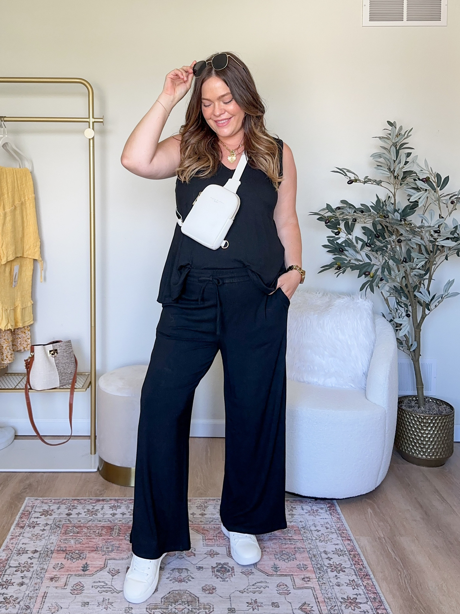 Matching Lounge set that can be worn as pajamas, loungewear or out and about! 2 ways to style with accessories // bump friendly outfit / non maternity - wearing true size large and stretches - other color options 👏🏼

#LTKMidsize #LTKFindsUnder50 #LTKStyleTip