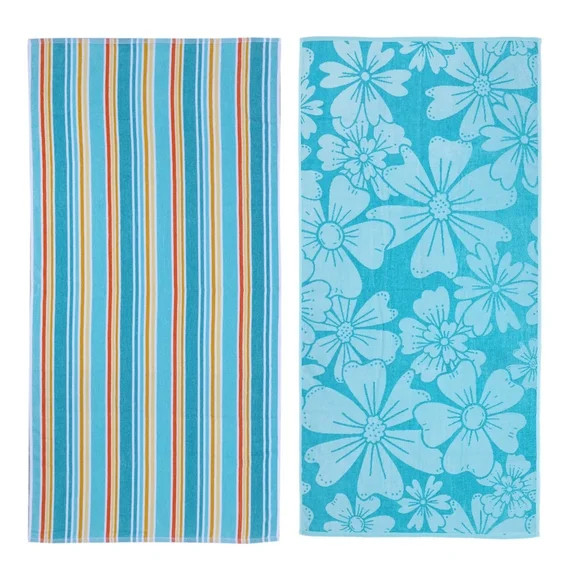 Mainstays Green Flower & Stripes Beach Towels (2 Count) | Walmart (US)