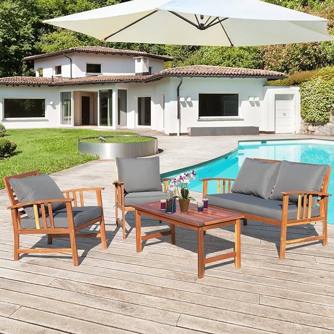 Tangkula 4 PCS Acacia Wood Patio Furniture Set, Outdoor Seating Chat Set with Gray Cushions & Bac... | Amazon (US)