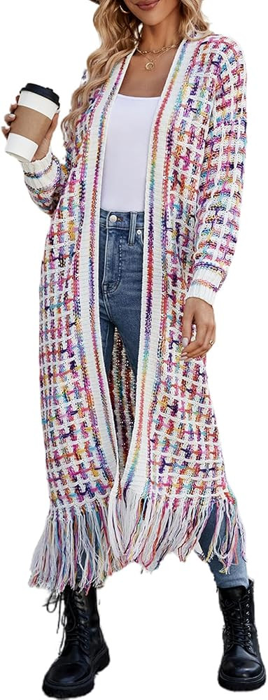 CXINS Women 2025 Long Cardigan Sweater Long Sleeve Open Front Fringe Tassel Hem Colorful Rainbow ... | Amazon (US)