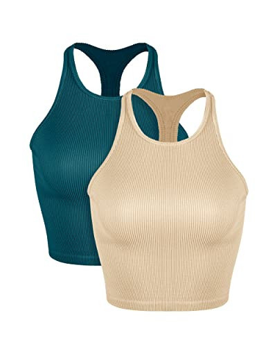 ODODOS Women's 2 Pack Seamless Tank Tops Racerback Ribbed Sleeveless Crop Top, Teal+Beige, Medium/Large | Amazon (US)