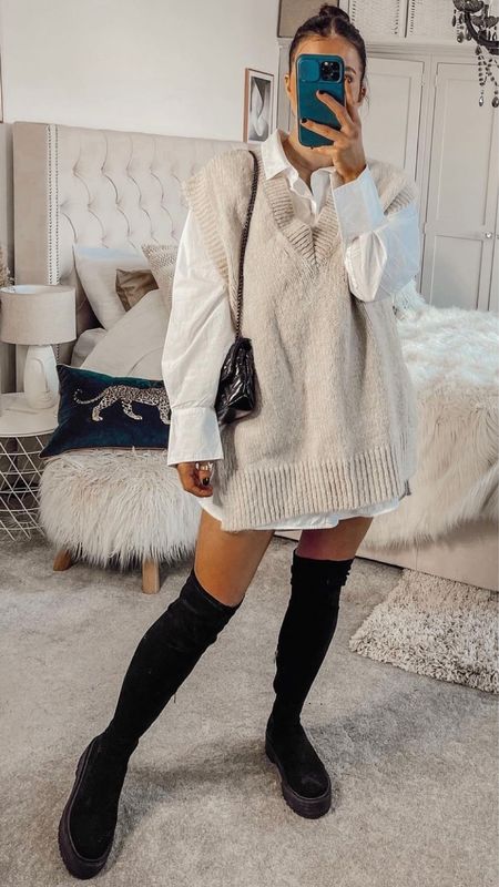 New season picks, AW22, Autumn Winter style, outfit inspiration, casual outfit, cream sweater vest, knee high black boots, oversized shirt, H&M, Arket, COS, Farfetch 

#LTKstyletip #LTKSeasonal #LTKeurope