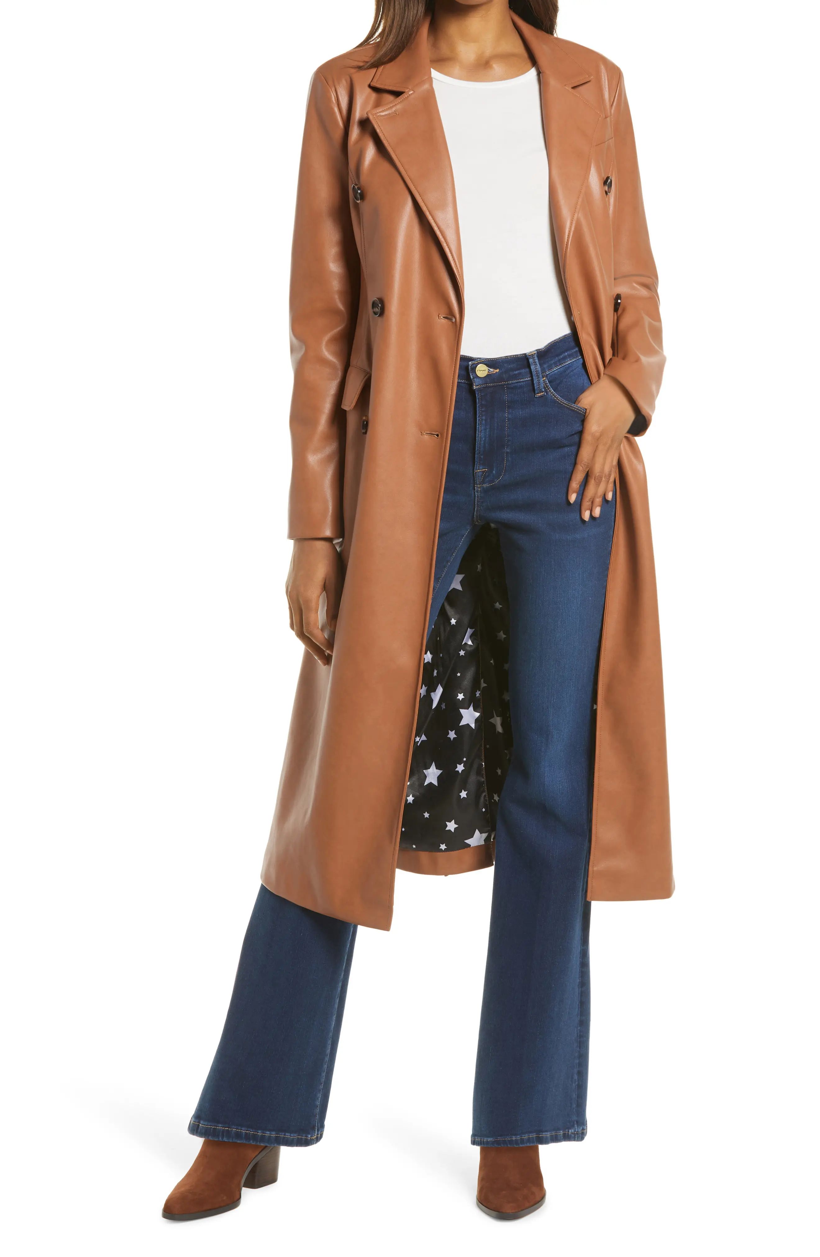 Avec Les Filles Double Breasted Faux Leather Trench Coat, Size Large in Camel at Nordstrom | Nordstrom